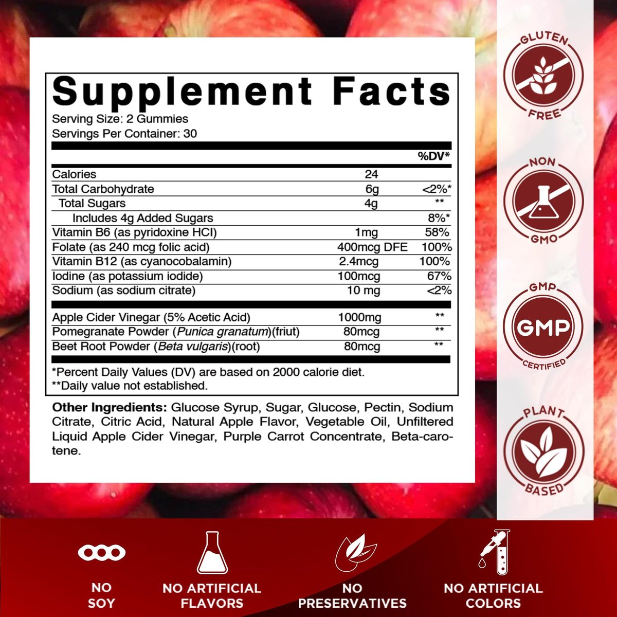 Vitamatic Apfelessig Gummis – 1000 mg pro Portion – 60 vegane Gummis – ACV Gummis für Entgiftung, Gewichtsverlust, Energie, Verdauung & Darmgesundheit