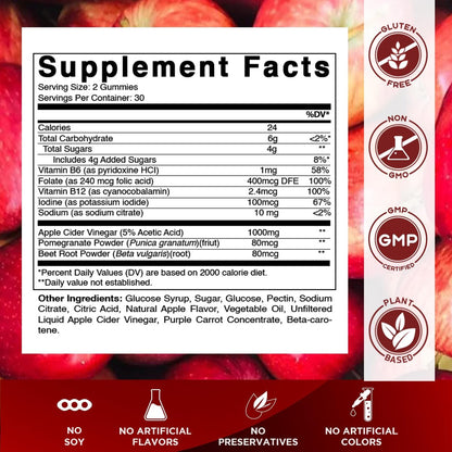 Vitamatic Apfelessig Gummis – 1000 mg pro Portion – 60 vegane Gummis – ACV Gummis für Entgiftung, Gewichtsverlust, Energie, Verdauung & Darmgesundheit