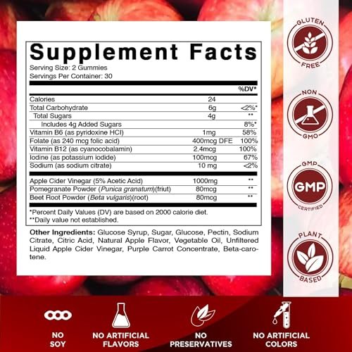 Vitamatic Apfelessig Gummis – 1000 mg pro Portion – 60 vegane Gummis – ACV Gummis für Entgiftung, Gewichtsverlust, Energie, Verdauung & Darmgesundheit