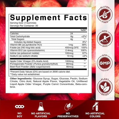 Vitamatic Apfelessig Gummis – 1000 mg pro Portion – 60 vegane Gummis – ACV Gummis für Entgiftung, Gewichtsverlust, Energie, Verdauung & Darmgesundheit
