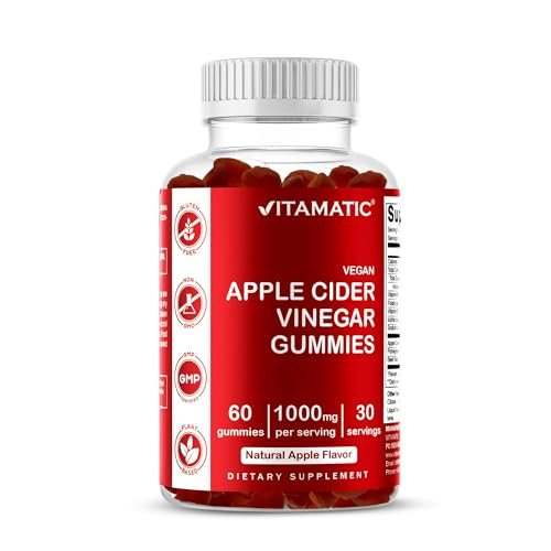 Vitamatic Apfelessig Gummis – 1000 mg pro Portion – 60 vegane Gummis – ACV Gummis für Entgiftung, Gewichtsverlust, Energie, Verdauung & Darmgesundheit