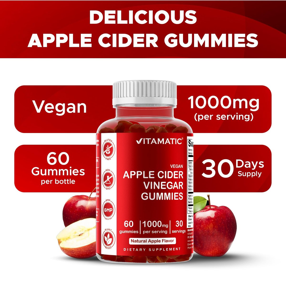 Vitamatic Apfelessig Gummis – 1000 mg pro Portion – 60 vegane Gummis – ACV Gummis für Entgiftung, Gewichtsverlust, Energie, Verdauung & Darmgesundheit