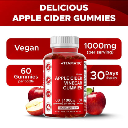 Vitamatic Apfelessig Gummis – 1000 mg pro Portion – 60 vegane Gummis – ACV Gummis für Entgiftung, Gewichtsverlust, Energie, Verdauung & Darmgesundheit