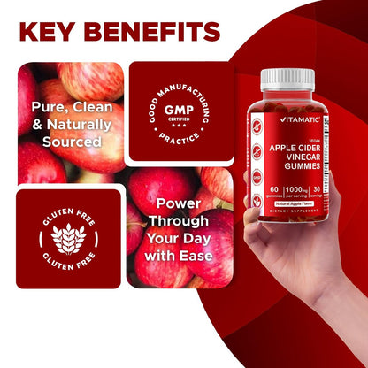 Vitamatic Apfelessig Gummis – 1000 mg pro Portion – 60 vegane Gummis – ACV Gummis für Entgiftung, Gewichtsverlust, Energie, Verdauung & Darmgesundheit