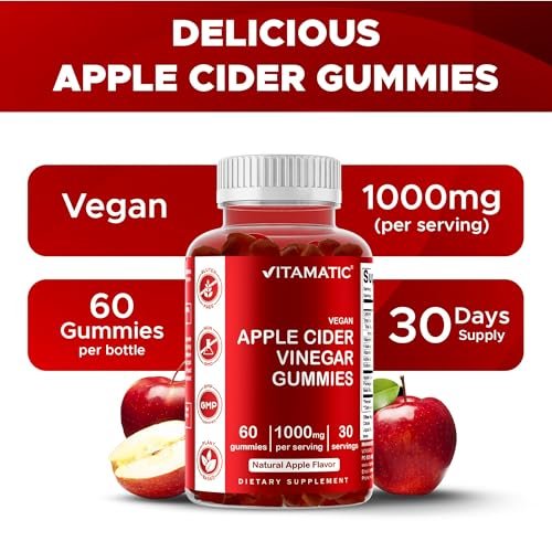Vitamatic Apfelessig Gummis – 1000 mg pro Portion – 60 vegane Gummis – ACV Gummis für Entgiftung, Gewichtsverlust, Energie, Verdauung & Darmgesundheit