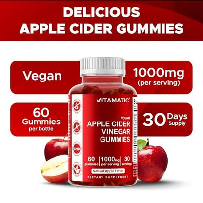 Vitamatic Apfelessig Gummis – 1000 mg pro Portion – 60 vegane Gummis – ACV Gummis für Entgiftung, Gewichtsverlust, Energie, Verdauung & Darmgesundheit