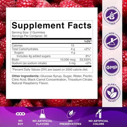 Vitamatic Biotin Gummies 10.000 mcg für stärkeres Haar, Haut & Nägel - 60 vegane Gummibärchen - Auch bekannt als Vitamin B7 (1 Flasche)