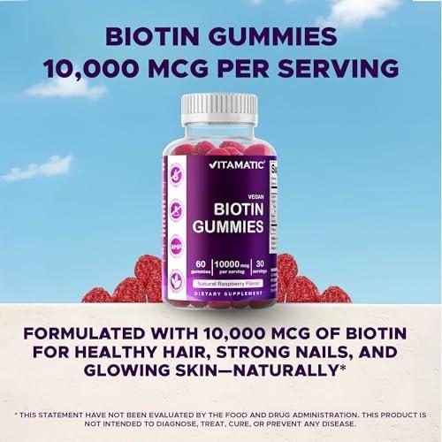 Vitamatic Biotin Gummies 10.000 mcg für stärkeres Haar, Haut & Nägel - 60 vegane Gummibärchen - Auch bekannt als Vitamin B7 (1 Flasche)