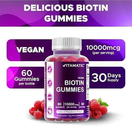 Vitamatic Biotin Gummies 10.000 mcg für stärkeres Haar, Haut & Nägel - 60 vegane Gummibärchen - Auch bekannt als Vitamin B7 (1 Flasche)
