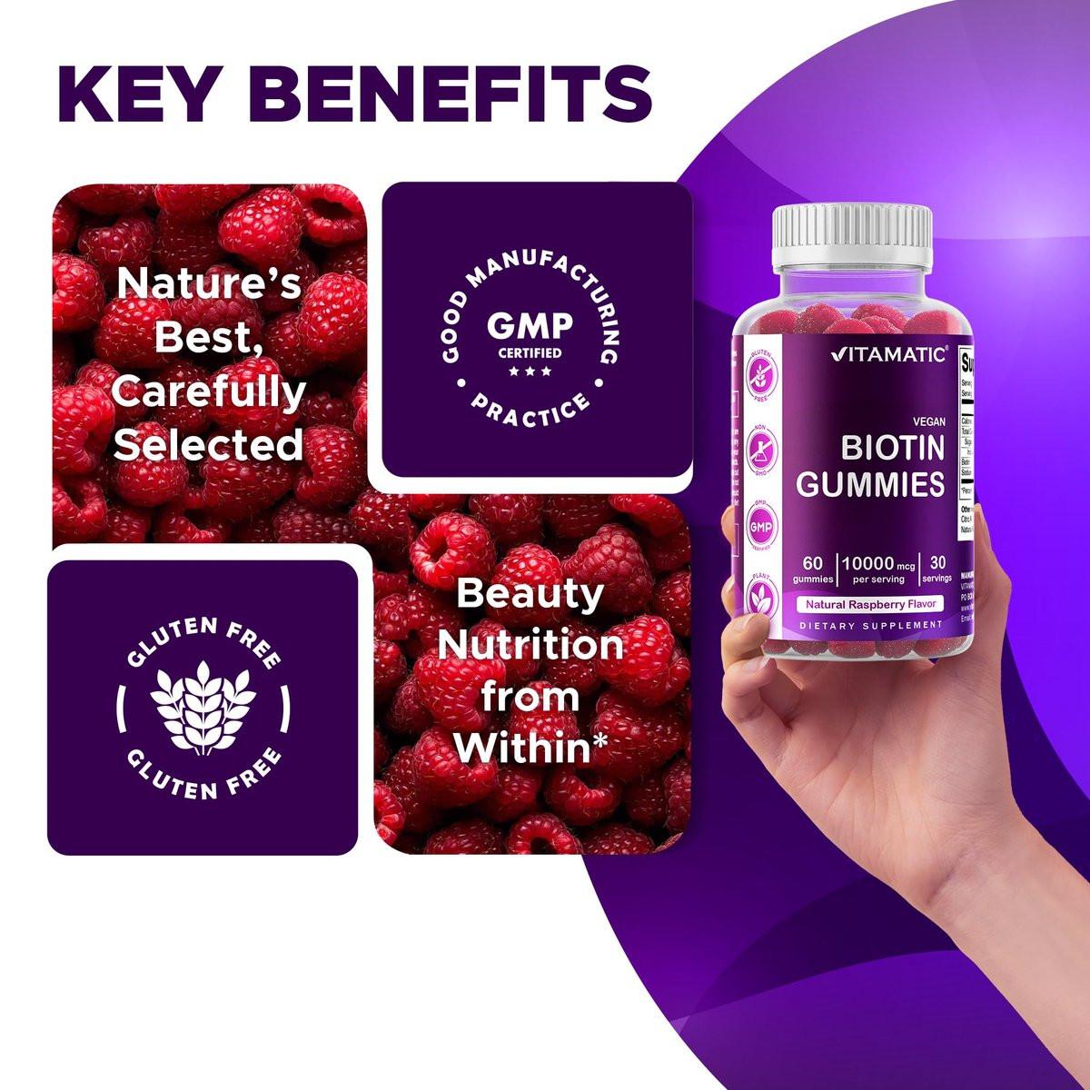Vitamatic Biotin Gummies 10.000 mcg für stärkeres Haar, Haut & Nägel - 60 vegane Gummibärchen - Auch bekannt als Vitamin B7 (1 Flasche)