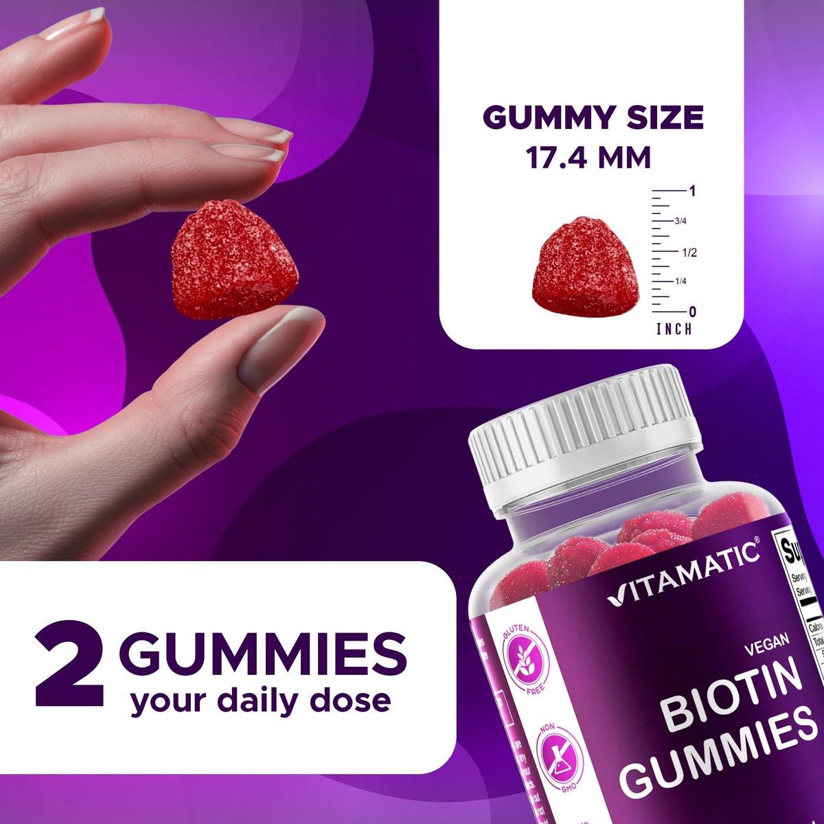 Vitamatic Biotin Gummies 10.000 mcg für stärkeres Haar, Haut & Nägel - 60 vegane Gummibärchen - Auch bekannt als Vitamin B7 (1 Flasche)