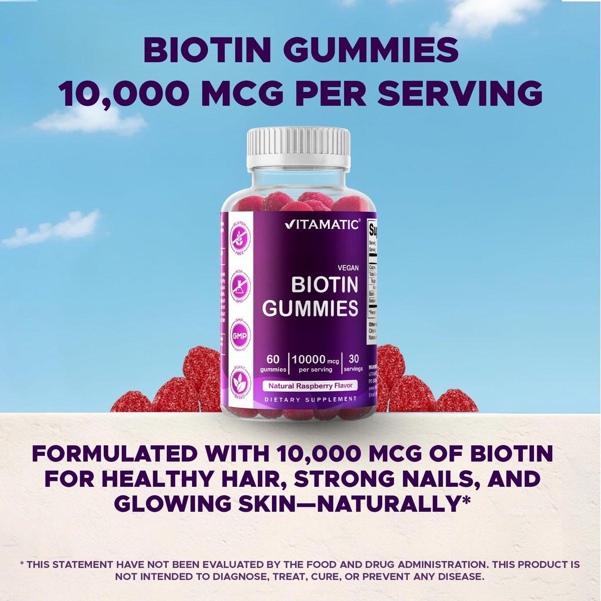 Vitamatic Biotin Gummies 10.000 mcg für stärkeres Haar, Haut & Nägel - 60 vegane Gummibärchen - Auch bekannt als Vitamin B7 (1 Flasche)