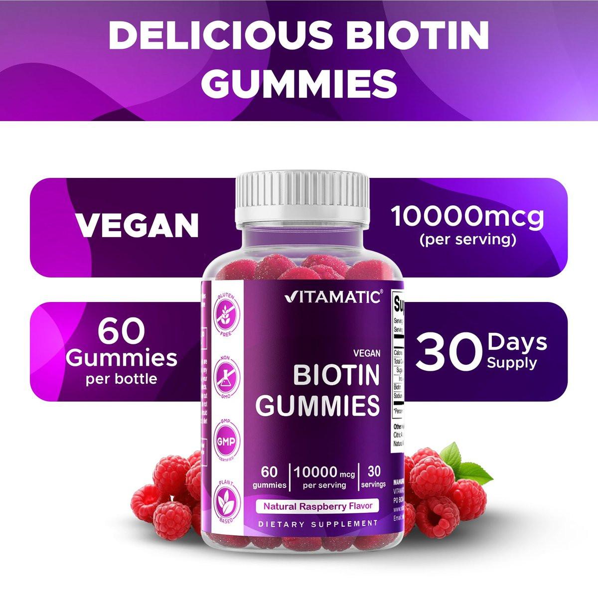 Vitamatic Biotin Gummies 10.000 mcg für stärkeres Haar, Haut & Nägel - 60 vegane Gummibärchen - Auch bekannt als Vitamin B7 (1 Flasche)