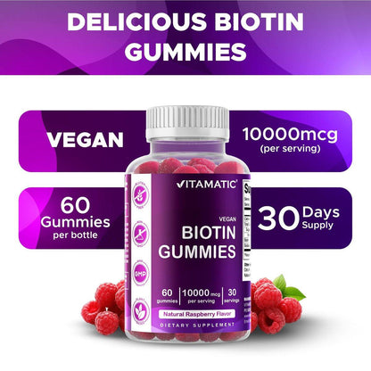 Vitamatic Biotin Gummies 10.000 mcg für stärkeres Haar, Haut & Nägel - 60 vegane Gummibärchen - Auch bekannt als Vitamin B7 (1 Flasche)