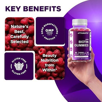 Vitamatic Biotin Gummies 10.000 mcg für stärkeres Haar, Haut & Nägel - 60 vegane Gummibärchen - Auch bekannt als Vitamin B7 (1 Flasche)