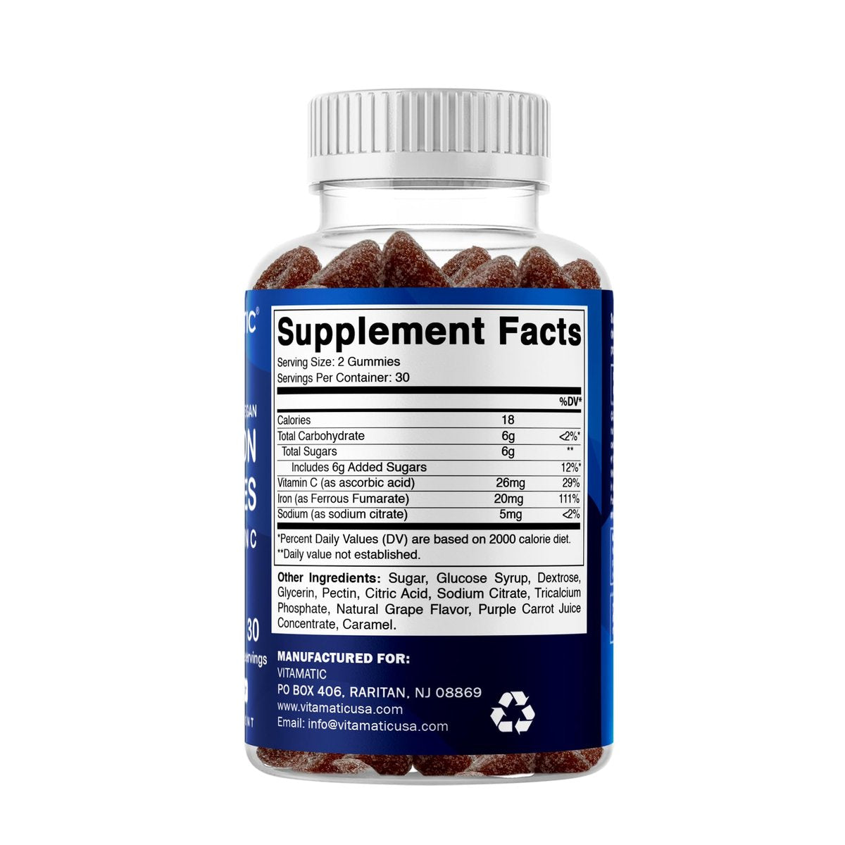 Vitamatic Eisen Gummibärchen 20 mg mit Vitamin C – Veganes Eisenpräparat für Frauen & Männer – 60 Gummibärchen – Unterstützt die Produktion roter Blutkörperchen – Natürlicher Traubengeschmack