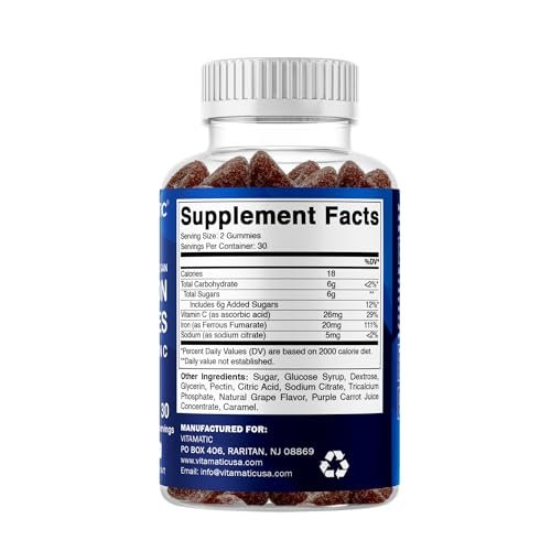 Vitamatic Eisen Gummibärchen 20 mg mit Vitamin C – Veganes Eisenpräparat für Frauen & Männer – 60 Gummibärchen – Unterstützt die Produktion roter Blutkörperchen – Natürlicher Traubengeschmack