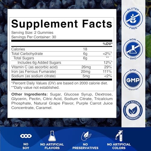 Vitamatic Eisen Gummibärchen 20 mg mit Vitamin C – Veganes Eisenpräparat für Frauen & Männer – 60 Gummibärchen – Unterstützt die Produktion roter Blutkörperchen – Natürlicher Traubengeschmack