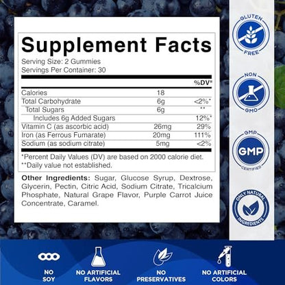 Vitamatic Eisen Gummibärchen 20 mg mit Vitamin C – Veganes Eisenpräparat für Frauen & Männer – 60 Gummibärchen – Unterstützt die Produktion roter Blutkörperchen – Natürlicher Traubengeschmack