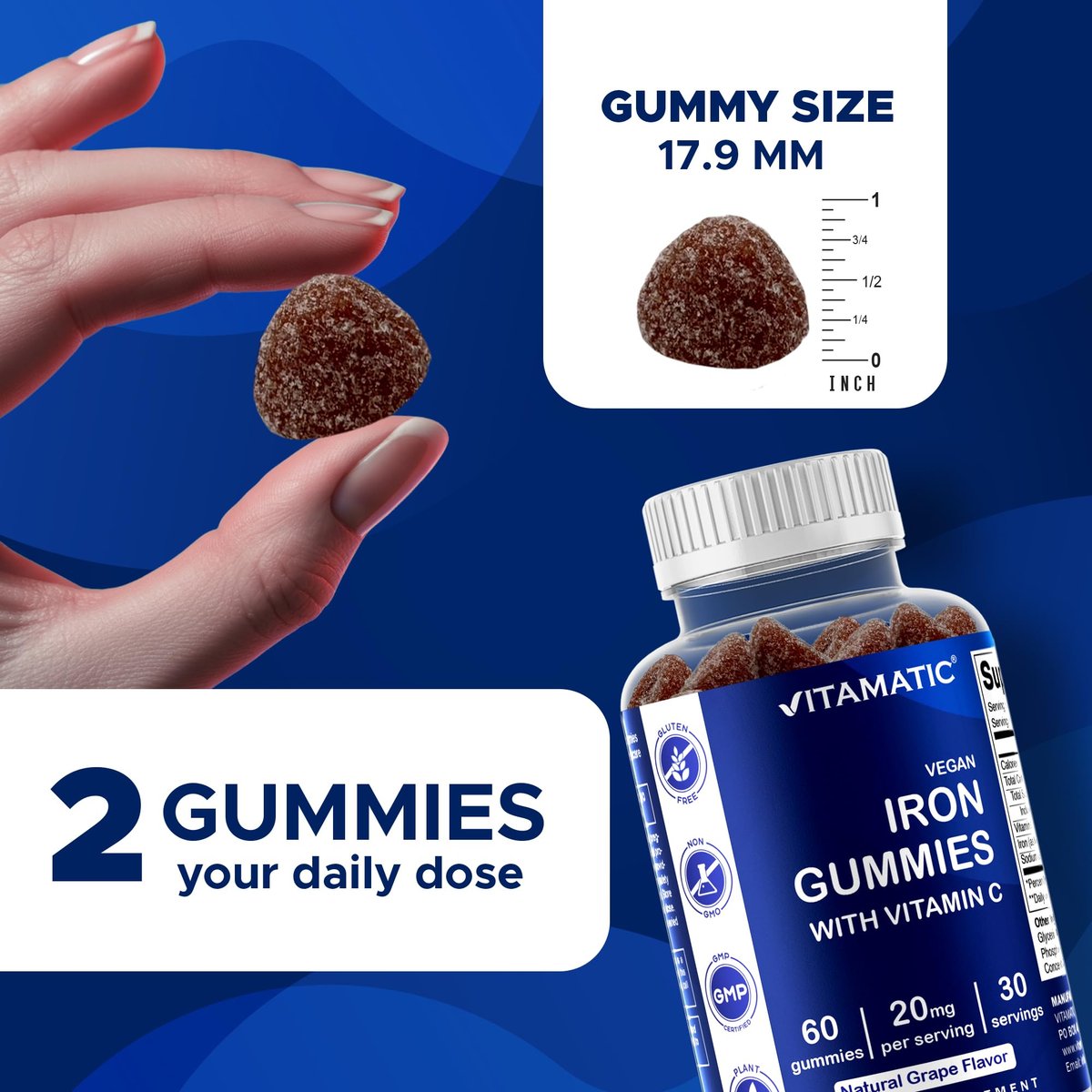Vitamatic Eisen Gummibärchen 20 mg mit Vitamin C – Veganes Eisenpräparat für Frauen & Männer – 60 Gummibärchen – Unterstützt die Produktion roter Blutkörperchen – Natürlicher Traubengeschmack