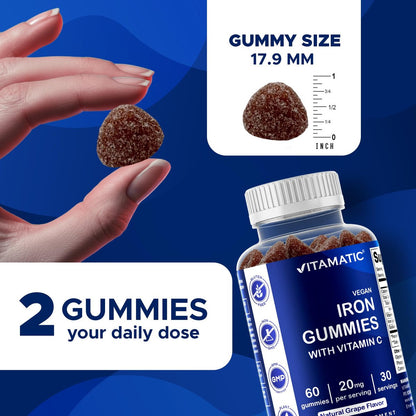 Vitamatic Eisen Gummibärchen 20 mg mit Vitamin C – Veganes Eisenpräparat für Frauen & Männer – 60 Gummibärchen – Unterstützt die Produktion roter Blutkörperchen – Natürlicher Traubengeschmack