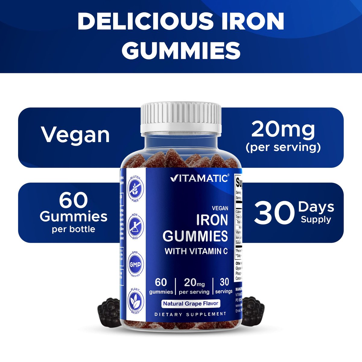 Vitamatic Eisen Gummibärchen 20 mg mit Vitamin C – Veganes Eisenpräparat für Frauen & Männer – 60 Gummibärchen – Unterstützt die Produktion roter Blutkörperchen – Natürlicher Traubengeschmack