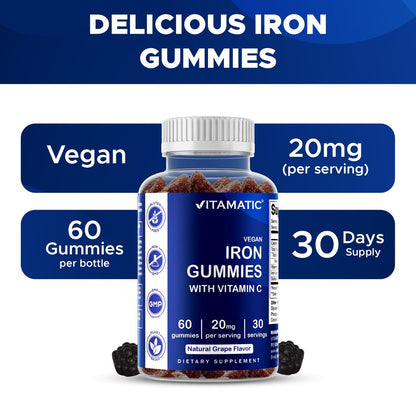 Vitamatic Eisen Gummibärchen 20 mg mit Vitamin C – Veganes Eisenpräparat für Frauen & Männer – 60 Gummibärchen – Unterstützt die Produktion roter Blutkörperchen – Natürlicher Traubengeschmack