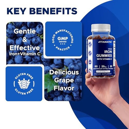 Vitamatic Eisen Gummibärchen 20 mg mit Vitamin C – Veganes Eisenpräparat für Frauen & Männer – 60 Gummibärchen – Unterstützt die Produktion roter Blutkörperchen – Natürlicher Traubengeschmack