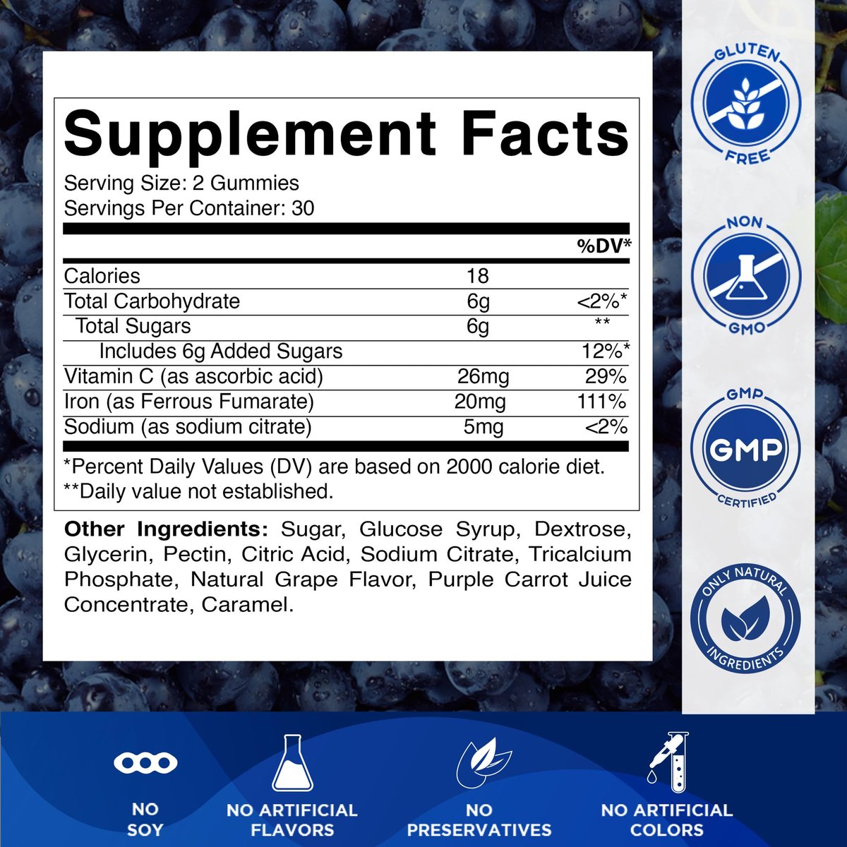 Vitamatic Eisen Gummibärchen 20 mg mit Vitamin C – Veganes Eisenpräparat für Frauen & Männer – 60 Gummibärchen – Unterstützt die Produktion roter Blutkörperchen – Natürlicher Traubengeschmack