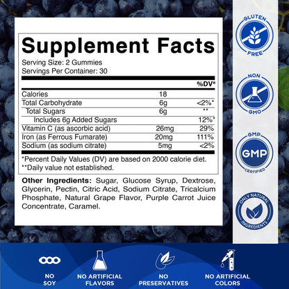 Vitamatic Eisen Gummibärchen 20 mg mit Vitamin C – Veganes Eisenpräparat für Frauen & Männer – 60 Gummibärchen – Unterstützt die Produktion roter Blutkörperchen – Natürlicher Traubengeschmack