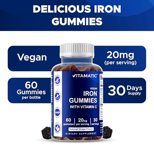 Vitamatic Eisen Gummibärchen 20 mg mit Vitamin C – Veganes Eisenpräparat für Frauen & Männer – 60 Gummibärchen – Unterstützt die Produktion roter Blutkörperchen – Natürlicher Traubengeschmack