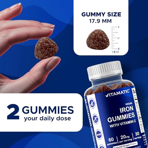 Vitamatic Eisen Gummibärchen 20 mg mit Vitamin C – Veganes Eisenpräparat für Frauen & Männer – 60 Gummibärchen – Unterstützt die Produktion roter Blutkörperchen – Natürlicher Traubengeschmack