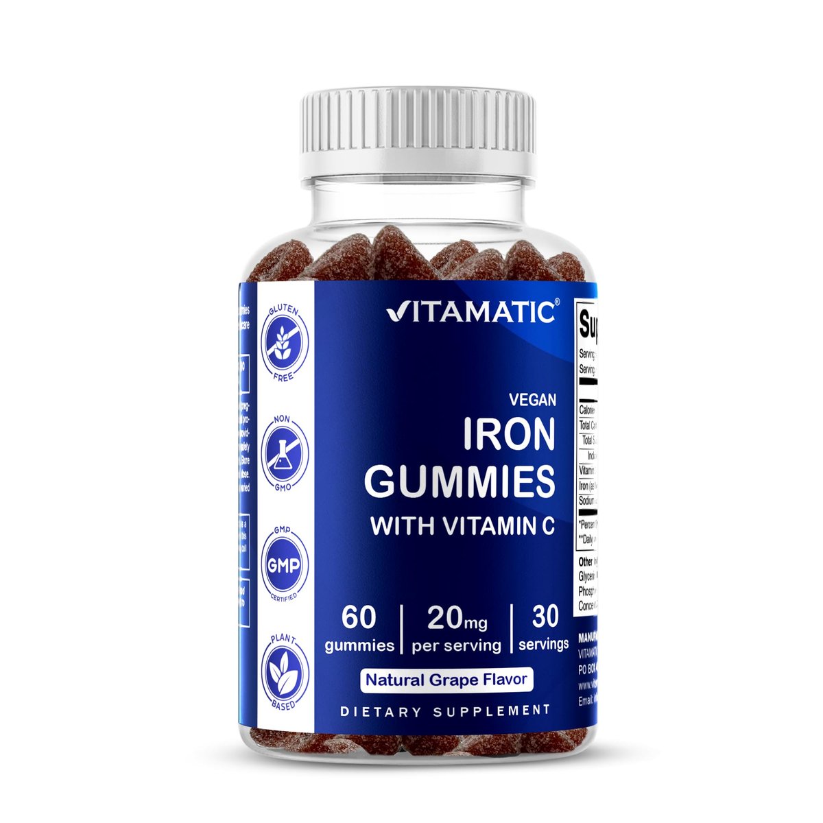 Vitamatic Eisen Gummibärchen 20 mg mit Vitamin C – Veganes Eisenpräparat für Frauen & Männer – 60 Gummibärchen – Unterstützt die Produktion roter Blutkörperchen – Natürlicher Traubengeschmack