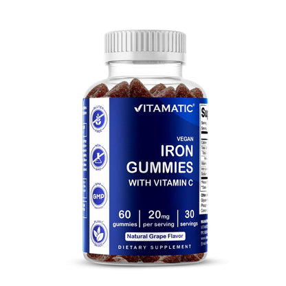 Vitamatic Eisen Gummibärchen 20 mg mit Vitamin C – Veganes Eisenpräparat für Frauen & Männer – 60 Gummibärchen – Unterstützt die Produktion roter Blutkörperchen – Natürlicher Traubengeschmack