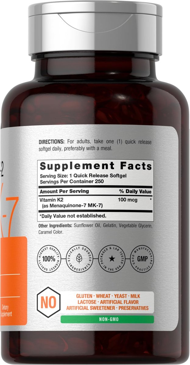 Horbäach Vitamin K2 MK7 100mcg | 250 Softgels | Nicht-GVO, Glutenfrei