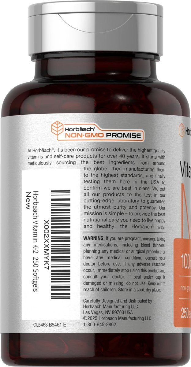 Horbäach Vitamin K2 MK7 100mcg | 250 Softgels | Nicht-GVO, Glutenfrei