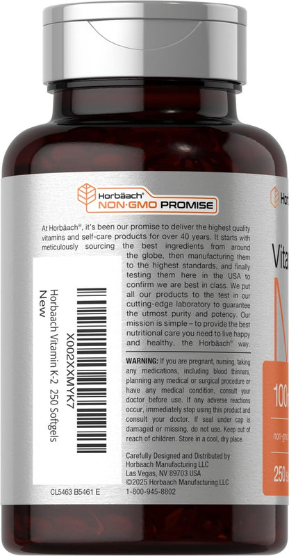 Horbäach Vitamin K2 MK7 100mcg | 250 Softgels | Nicht-GVO, Glutenfrei