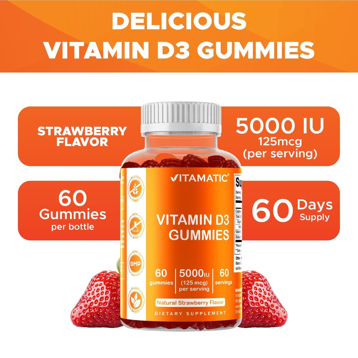 Vitamatic Vitamin D3 Gummis – 5000 IU pro Gummi – 60 Gummis – Hochdosiertes Vitamin D für Immunsystem und Knochen