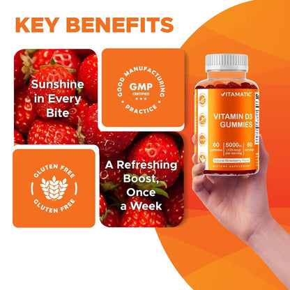 Vitamatic Vitamin D3 Gummis – 5000 IU pro Gummi – 60 Gummis – Hochdosiertes Vitamin D für Immunsystem und Knochen