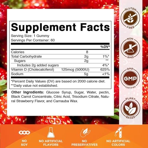 Vitamatic Vitamin D3 Gummis – 5000 IU pro Gummi – 60 Gummis – Hochdosiertes Vitamin D für Immunsystem und Knochen