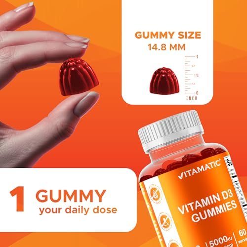 Vitamatic Vitamin D3 Gummis – 5000 IU pro Gummi – 60 Gummis – Hochdosiertes Vitamin D für Immunsystem und Knochen