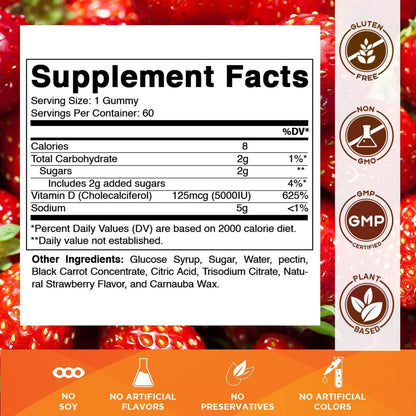 Vitamatic Vitamin D3 Gummis – 5000 IU pro Gummi – 60 Gummis – Hochdosiertes Vitamin D für Immunsystem und Knochen
