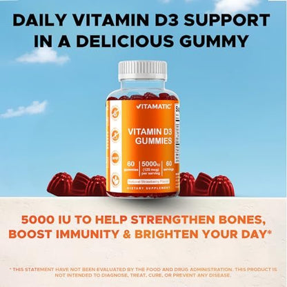Vitamatic Vitamin D3 Gummis – 5000 IU pro Gummi – 60 Gummis – Hochdosiertes Vitamin D für Immunsystem und Knochen
