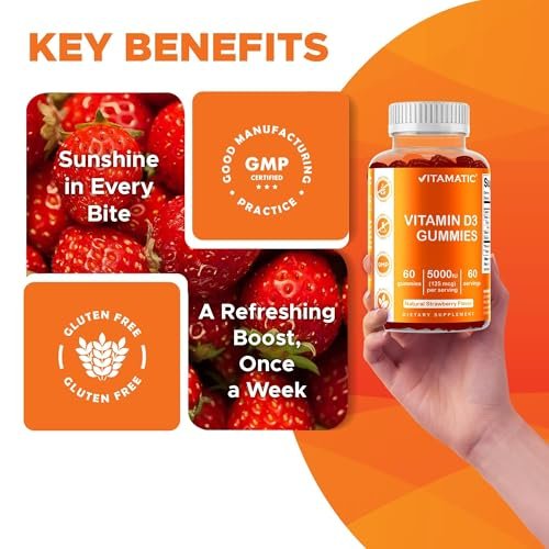 Vitamatic Vitamin D3 Gummis – 5000 IU pro Gummi – 60 Gummis – Hochdosiertes Vitamin D für Immunsystem und Knochen