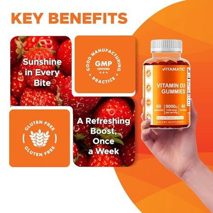 Vitamatic Vitamin D3 Gummis – 5000 IU pro Gummi – 60 Gummis – Hochdosiertes Vitamin D für Immunsystem und Knochen