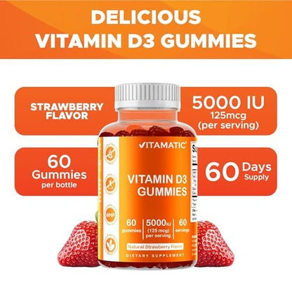 Vitamatic Vitamin D3 Gummis – 5000 IU pro Gummi – 60 Gummis – Hochdosiertes Vitamin D für Immunsystem und Knochen