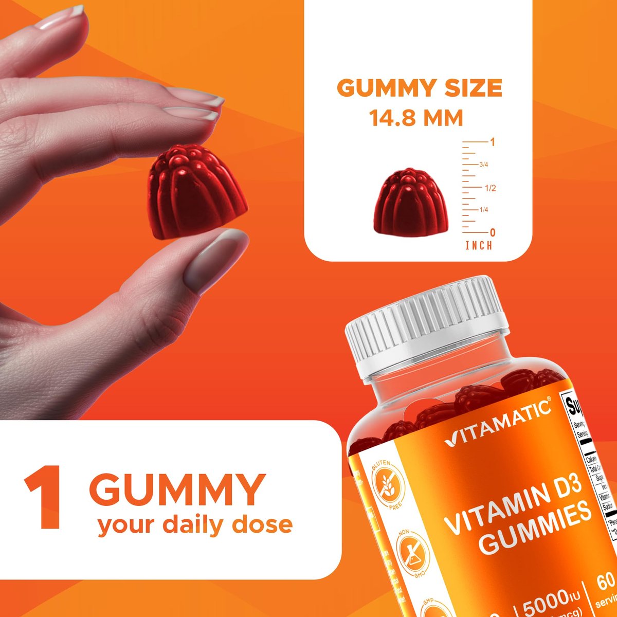 Vitamatic Vitamin D3 Gummis – 5000 IU pro Gummi – 60 Gummis – Hochdosiertes Vitamin D für Immunsystem und Knochen