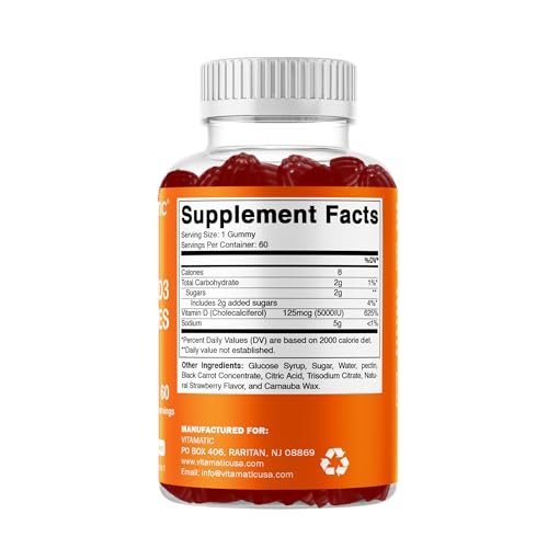 Vitamatic Vitamin D3 Gummis – 5000 IU pro Gummi – 60 Gummis – Hochdosiertes Vitamin D für Immunsystem und Knochen