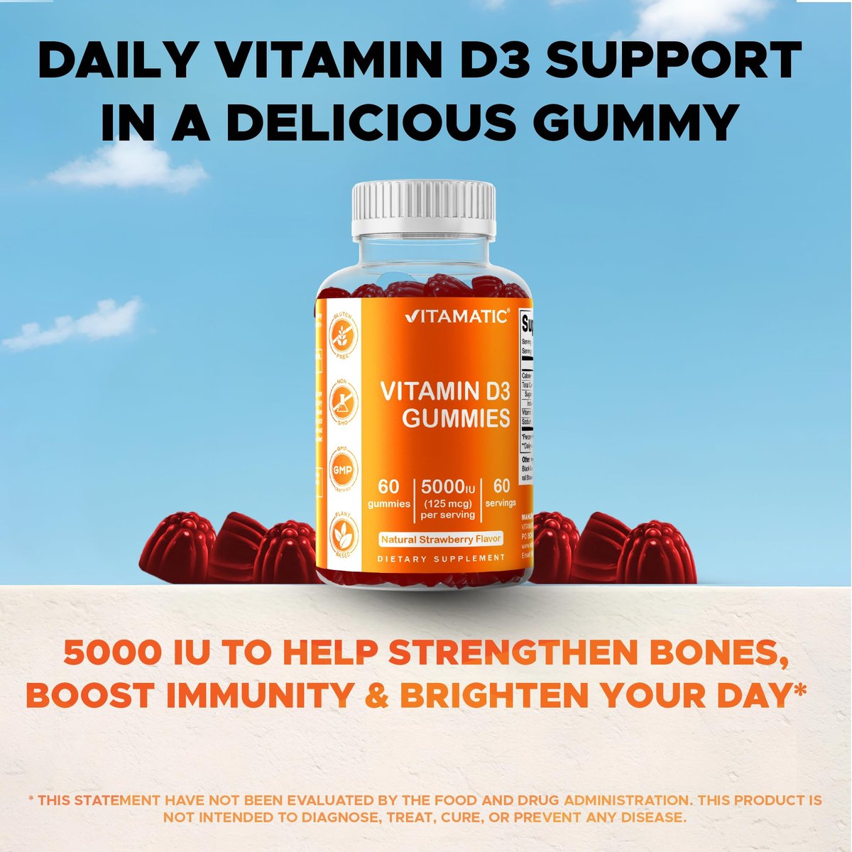 Vitamatic Vitamin D3 Gummis – 5000 IU pro Gummi – 60 Gummis – Hochdosiertes Vitamin D für Immunsystem und Knochen