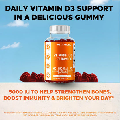 Vitamatic Vitamin D3 Gummis – 5000 IU pro Gummi – 60 Gummis – Hochdosiertes Vitamin D für Immunsystem und Knochen